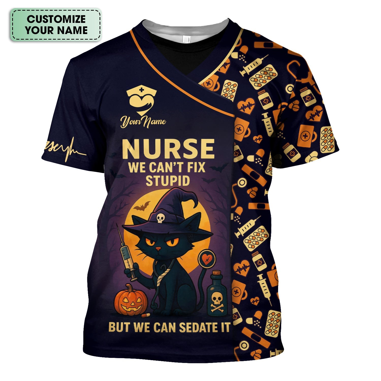 Personalized We Can't Fix Stupid Nurse Shirt - Spooky Black Cat Halloween Design - Custom Name Medical Gift for RN CNA Women