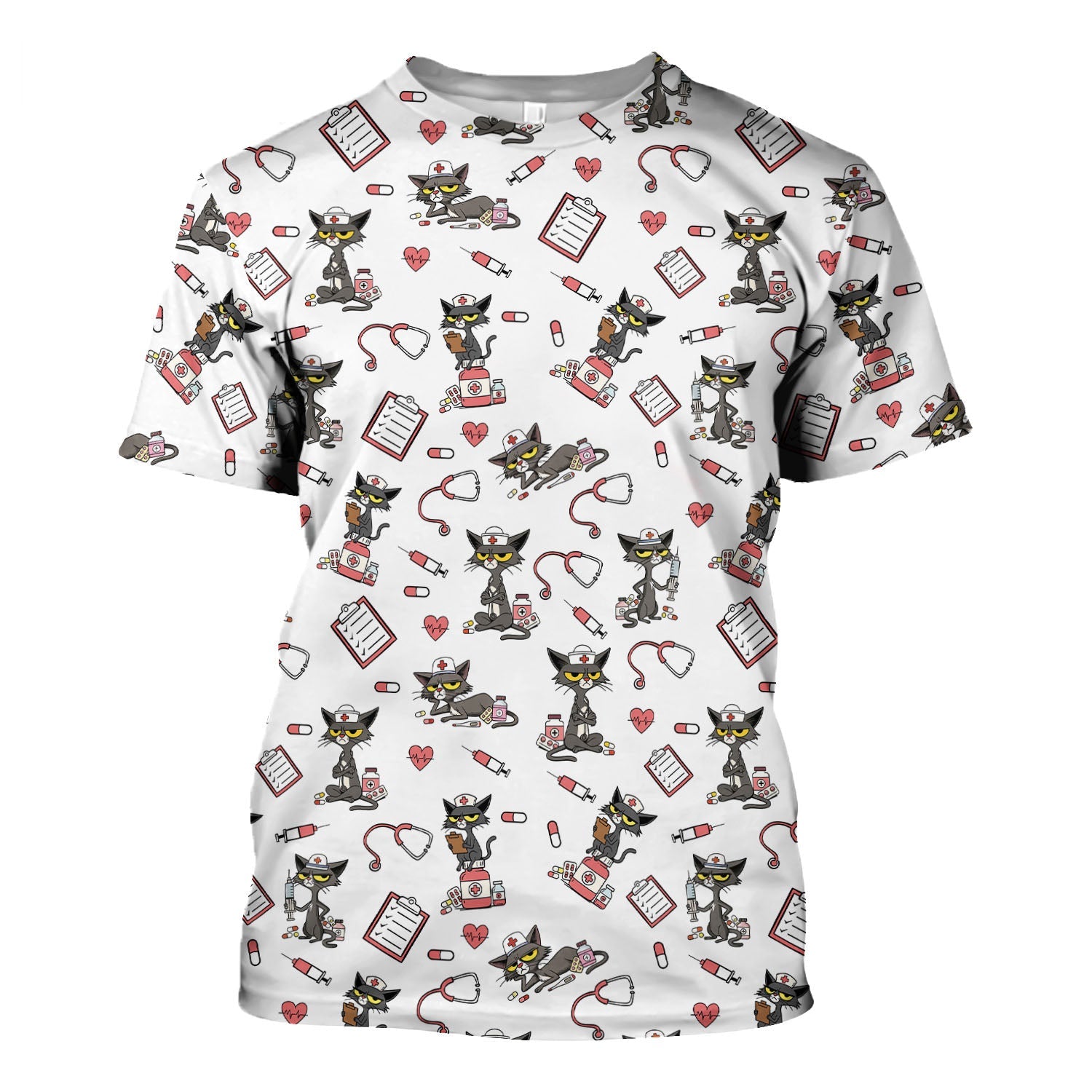 Personalized Funny Nurse Cat Shirt - Cute Black Cat with Stethoscope & Pills - Gift for RN CNA LPN