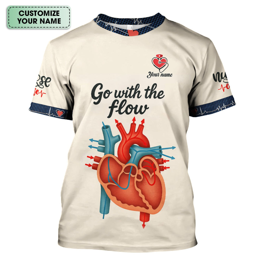Funny Nurse Shirt for Women RN LPN CNA - Go With The Flow Heart Anatomy Design - Custom Name Gift for Healthcare Workers, Cardiologists, ICU & ER Staff