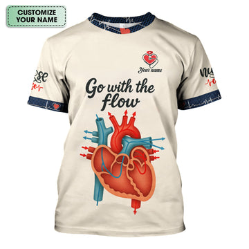 Funny Nurse Shirt for Women RN LPN CNA - Go With The Flow Heart Anatomy Design - Custom Name Gift for Healthcare Workers, Cardiologists, ICU & ER Staff