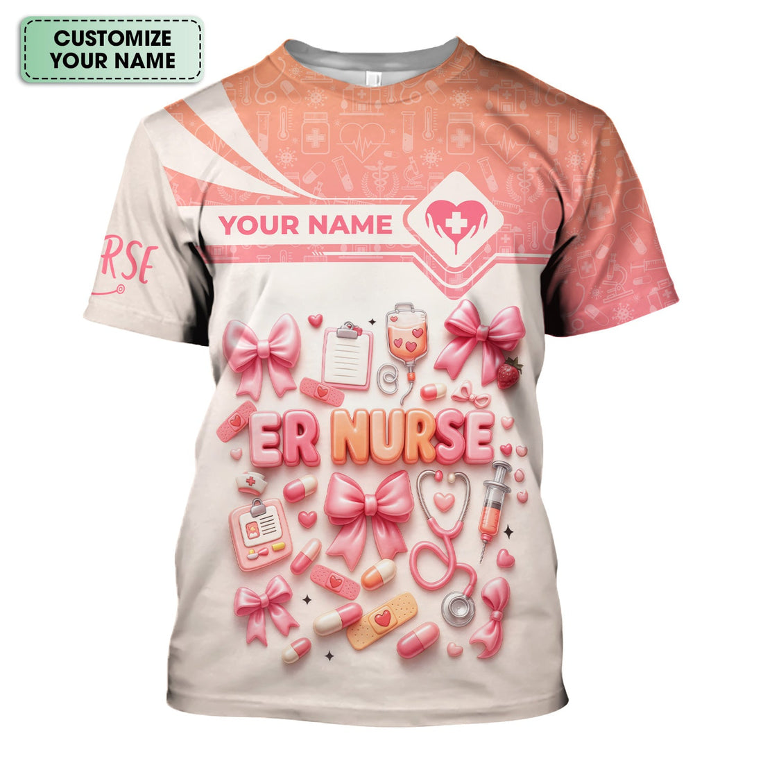 Personalized ER Nurse Scrub Shirt with Name - Cute All Over Print Medical Uniform - Funny Gift for Emergency Room Nurses