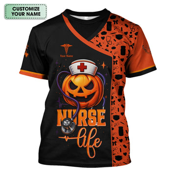 Personalized Funny Halloween Nurse Shirt for Women - Custom Name Graphic Tee with Pain Scale - Gift for Medical Staff, Healthcare Workers
