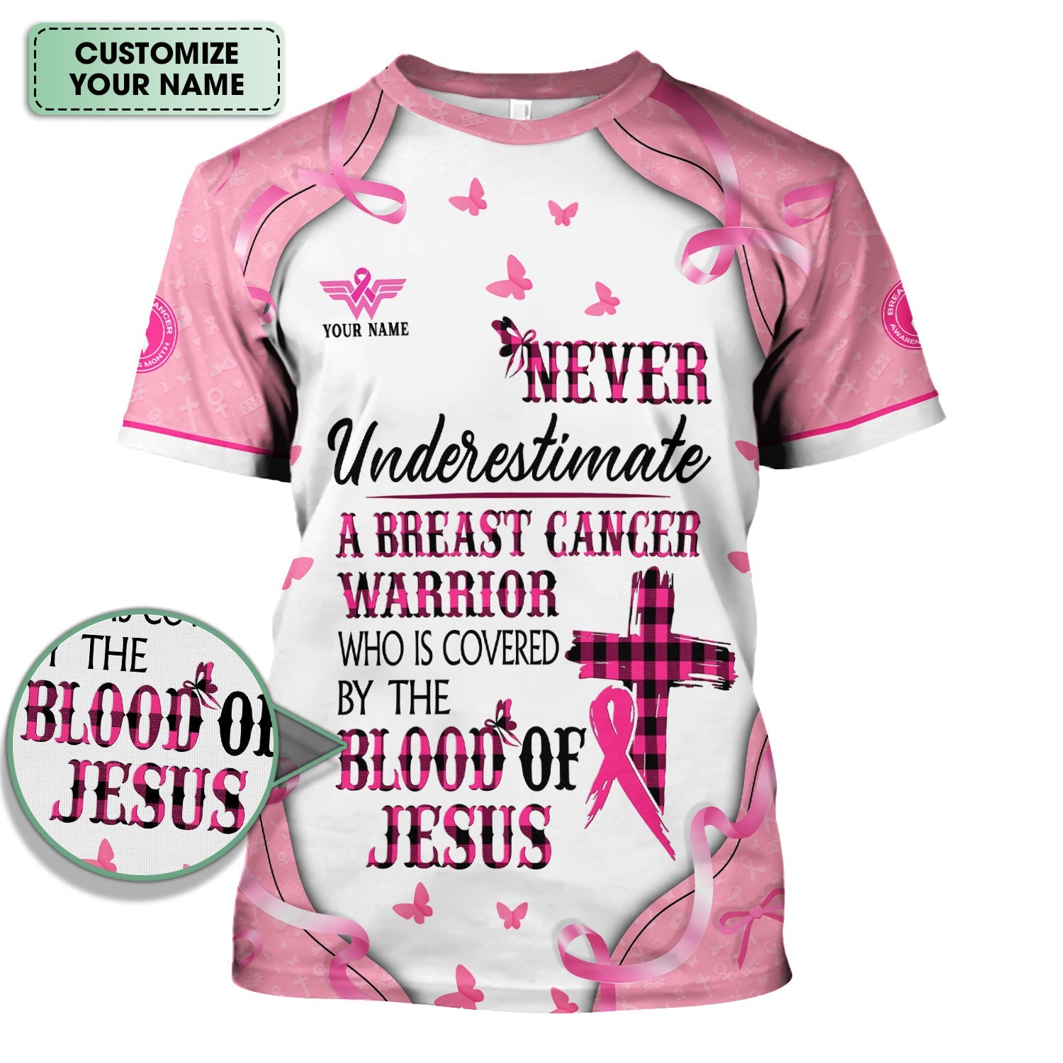 Custom Christian Breast Cancer Awareness Shirt - Blood Of Jesus Quote Graphic Tee - Gift for RN LPN CNA
