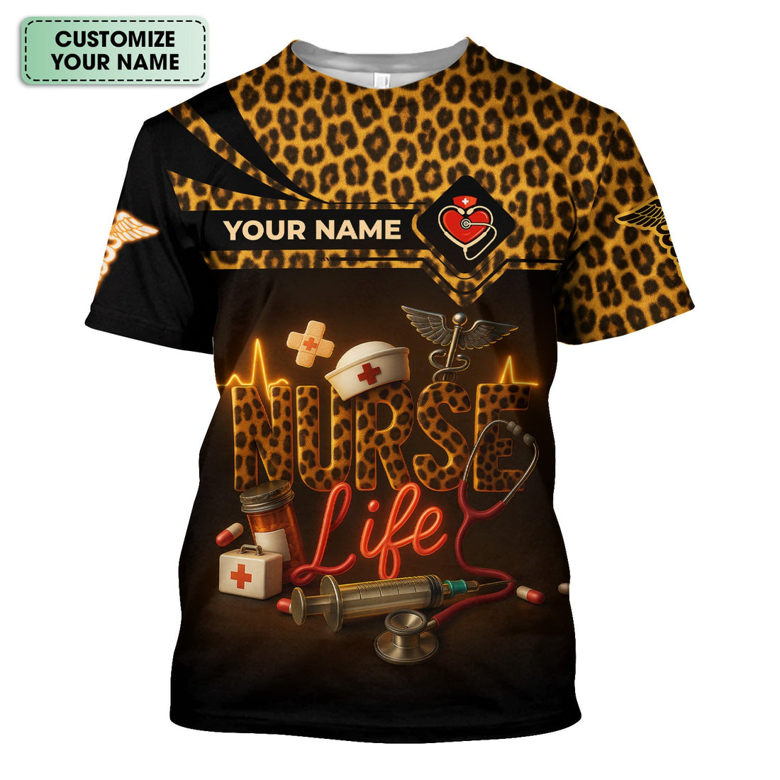 Personalized Nurse Life Shirt - Wild Cheetah Print with Medical Icons - Custom Name Gift for RN, CNA, LPN