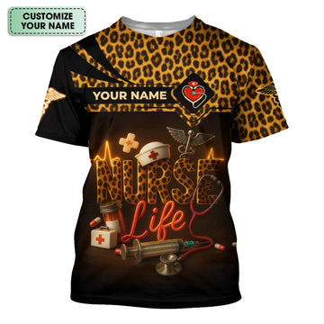 Personalized Nurse Life Shirt - Wild Cheetah Print with Medical Icons - Custom Name Gift for RN, CNA, LPN