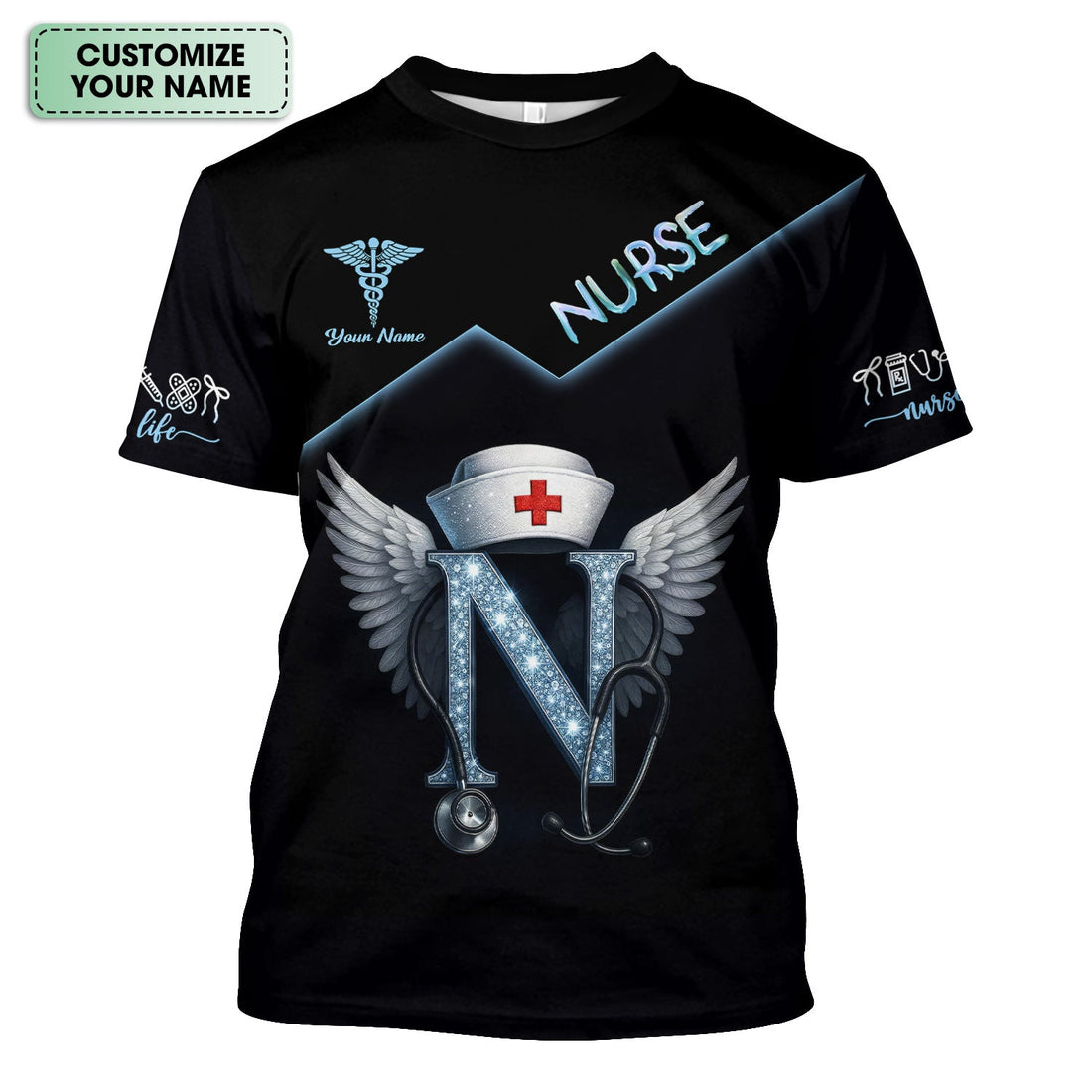 Funny Nurse T-shirt with Glowing 'N' Design - Customizable with Stethoscope & Wings Design - Perfect for RN, CNA, LPN, Healthcare Professionals