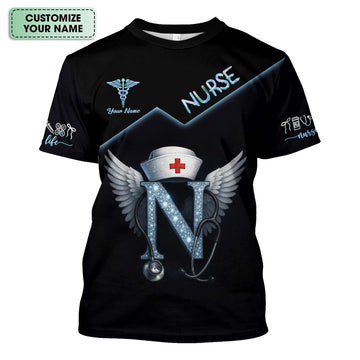 Funny Nurse T-shirt with Glowing 'N' Design - Customizable with Stethoscope & Wings Design - Perfect for RN, CNA, LPN, Healthcare Professionals