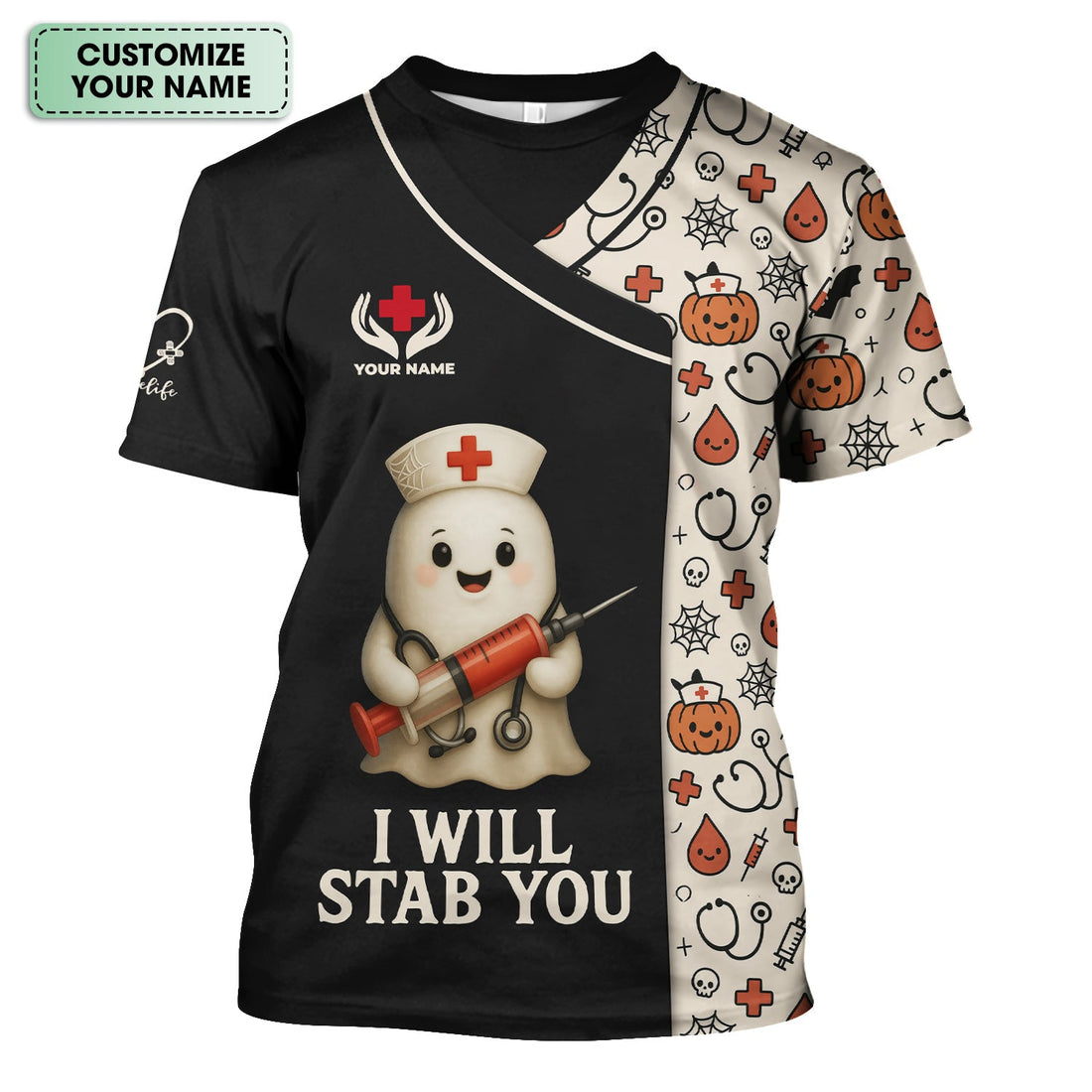 Personalized Halloween Medical Nurse T-Shirt - Funny Ghost with I Will Stab You Quote - Custom Name Gift for RN LPN CNA Healthcare Professionals