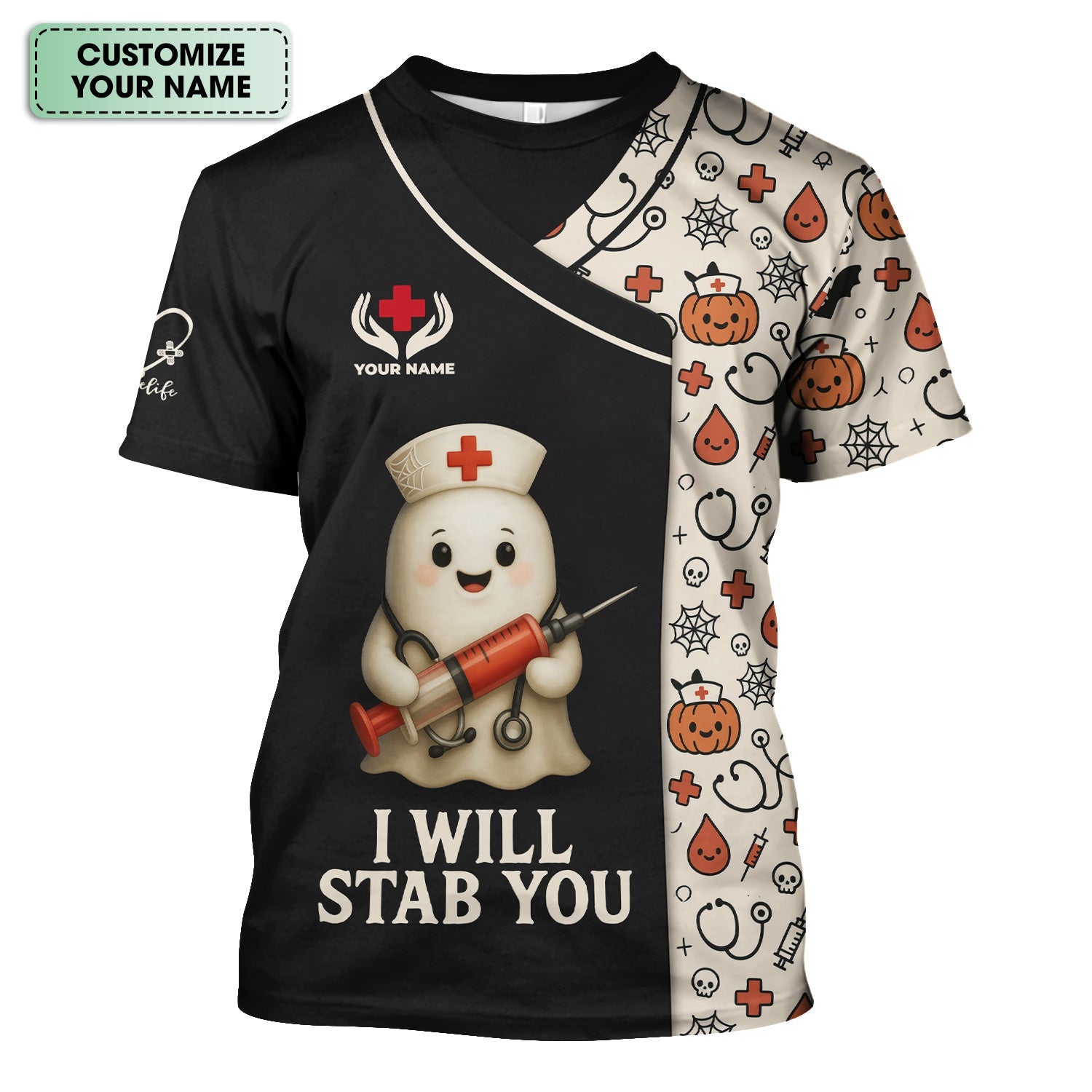 Personalized Halloween Medical Nurse T-Shirt - Funny Ghost with I Will Stab You Quote - Custom Name Gift for RN LPN CNA Healthcare Professionals
