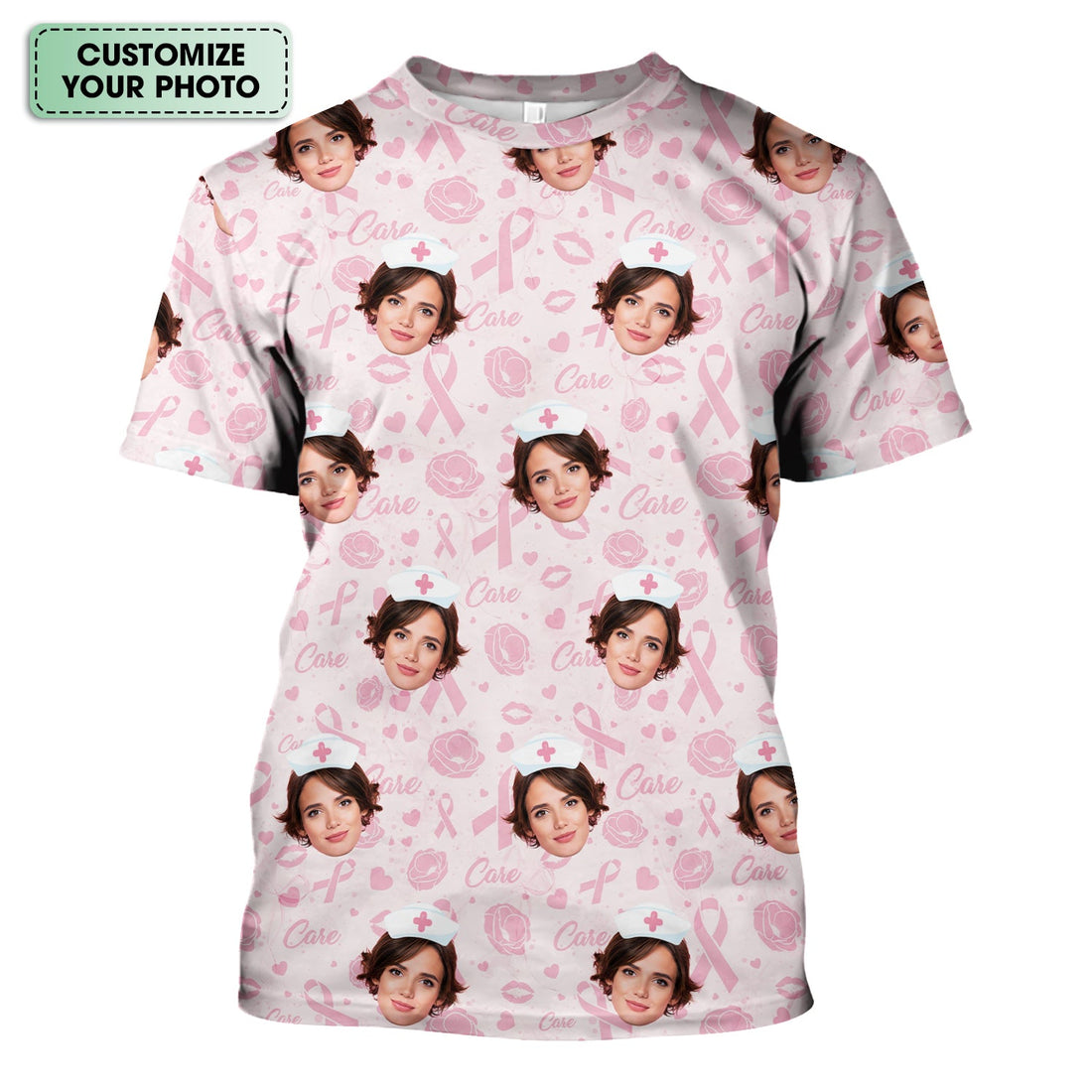 Custom Face Nurse Shirt Pink Ribbon Awareness - Personalized Breast Cancer Support T-Shirt - Gift for Women RN LPN CNA Healthcare Workers