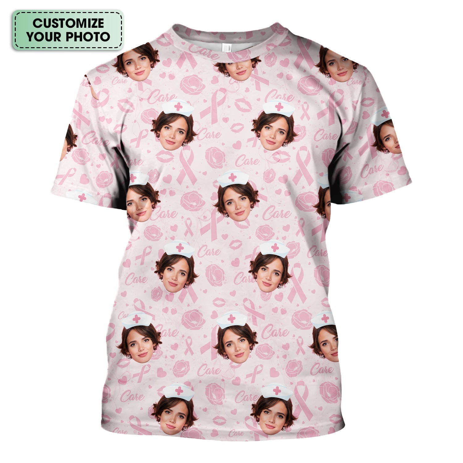 Custom Face Nurse Shirt Pink Ribbon Awareness - Personalized Breast Cancer Support T-Shirt - Gift for Women RN LPN CNA Healthcare Workers