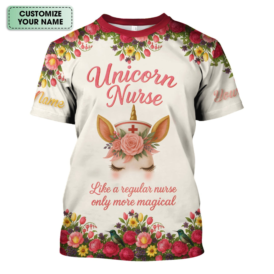Funny Unicorn Nurse Shirt - Custom Name Floral Magical Design RN LPN CNA - Gift for Nursing Teams & Healthcare Professionals