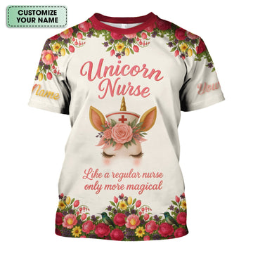 Funny Unicorn Nurse Shirt - Custom Name Floral Magical Design RN LPN CNA - Gift for Nursing Teams & Healthcare Professionals