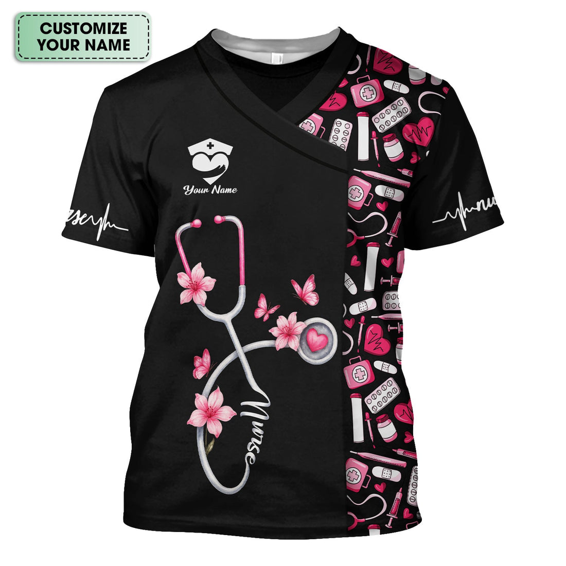 Personalized Nurse Shirt for Women - Pink Stethoscope Floral Medical Design - Cute Gift for RN, CNA, LPN, Medical Staff
