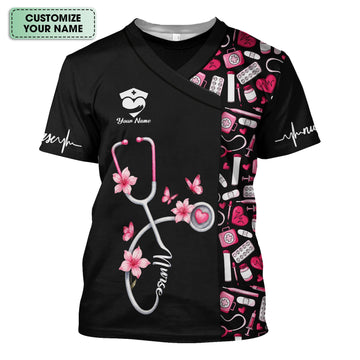 Personalized Nurse Shirt for Women - Pink Stethoscope Floral Medical Design - Cute Gift for RN, CNA, LPN, Medical Staff