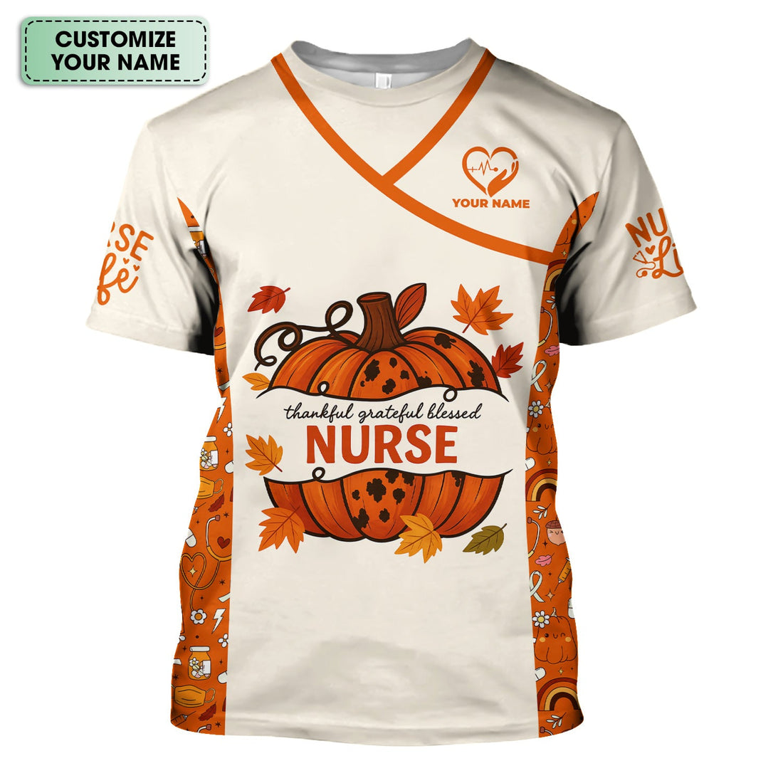 Fall Nurse Scrub Shirt with Pumpkin Design - Thankful Grateful Blessed Quote - Custom Autumn Gift for Women RN CNA LPN