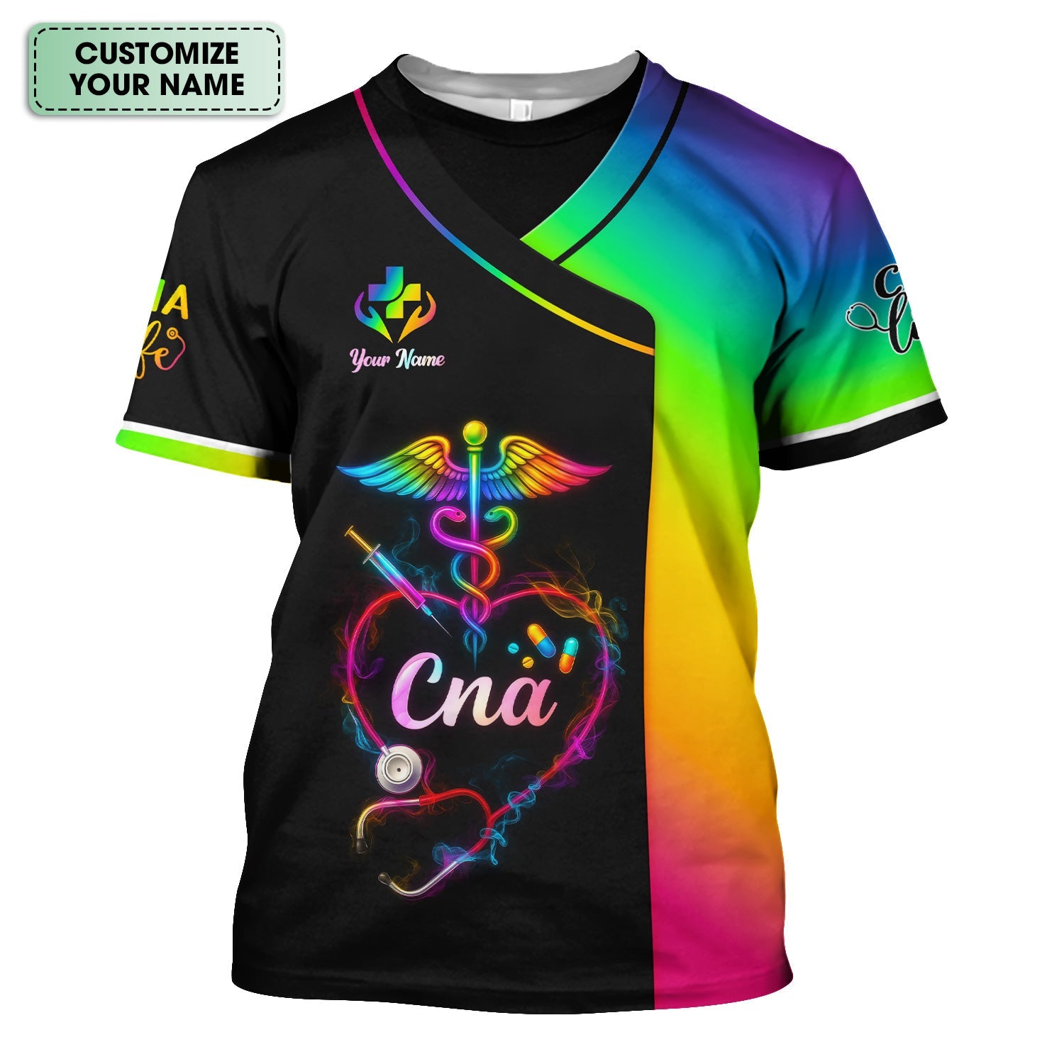 Custom Rainbow CNA Nurse Shirt - Stethoscope Heart & Caduceus Design - Gift for RN LPN Healthcare Workers
