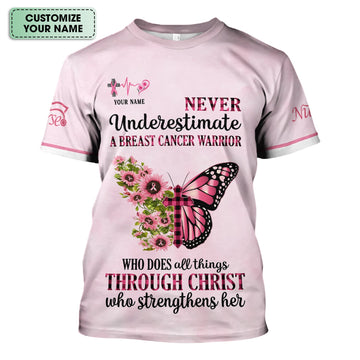 Personalized Breast Cancer Warrior Shirt  - Christian Faith Quote & Pink Butterfly Design - Gift for Women RN LPN CNA