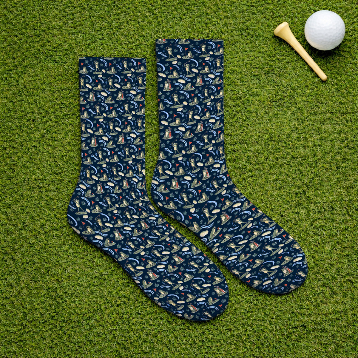 Playful Frog Golf Socks, Vintage Frog Golf Pattern Sock, Golf Gift For Golf Lovers