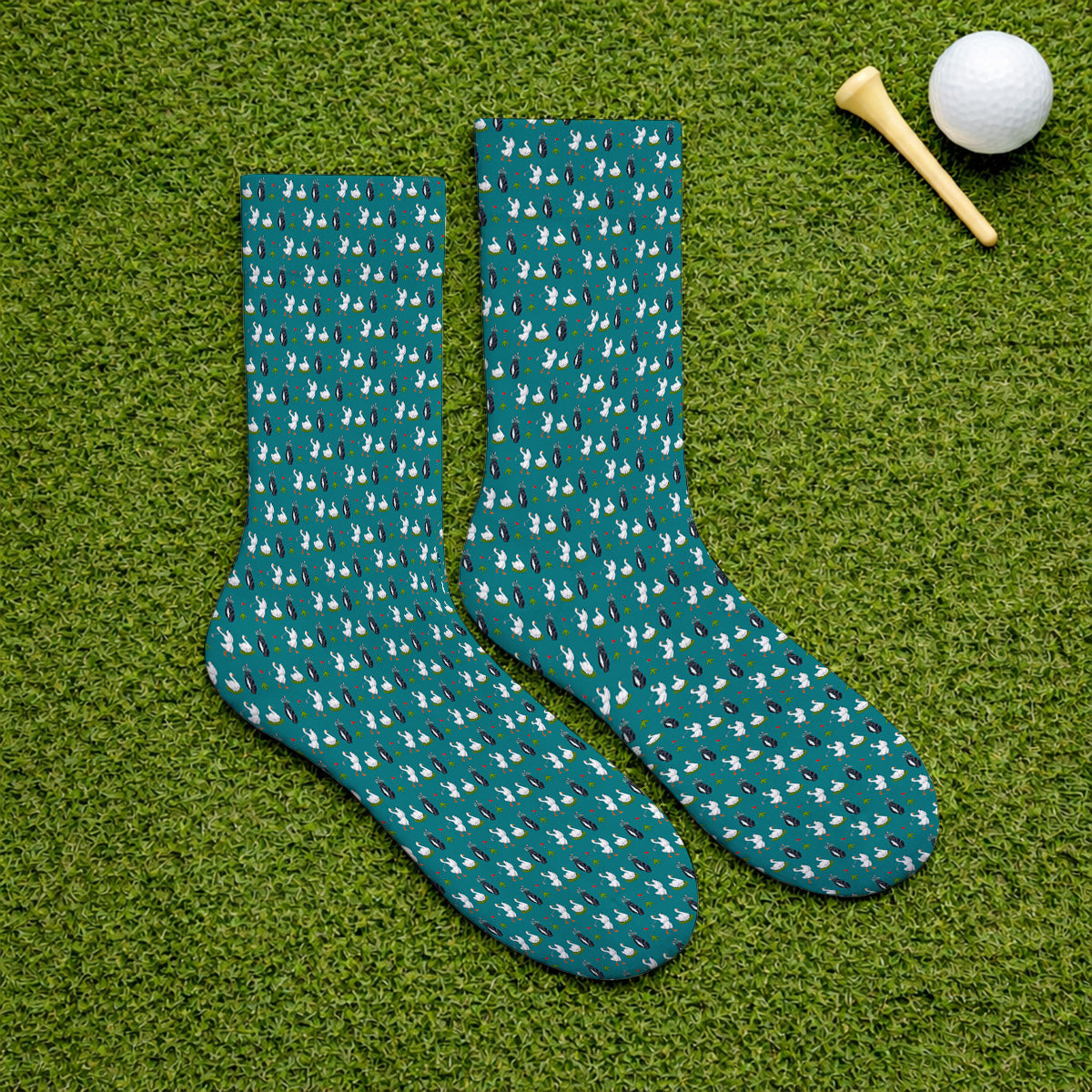 Funny Goose Golf Socks, Teal Goose & Golf Pattern Sock, Golf Apparel Gift For Golfer