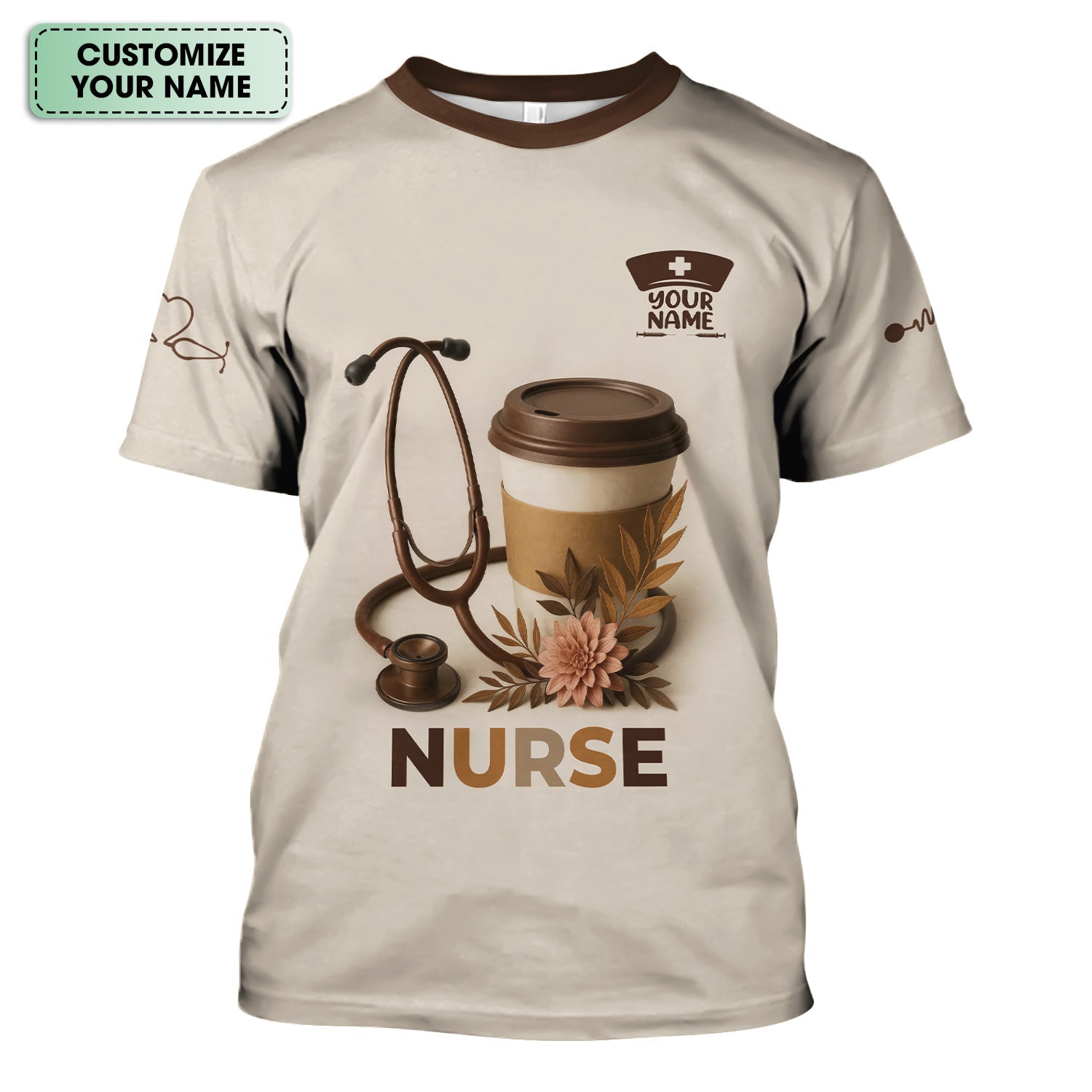 Personalized Coffee Nurse Shirt - Brown Stethoscope Floral Design - Cute Gift for RN LPN CNA Women