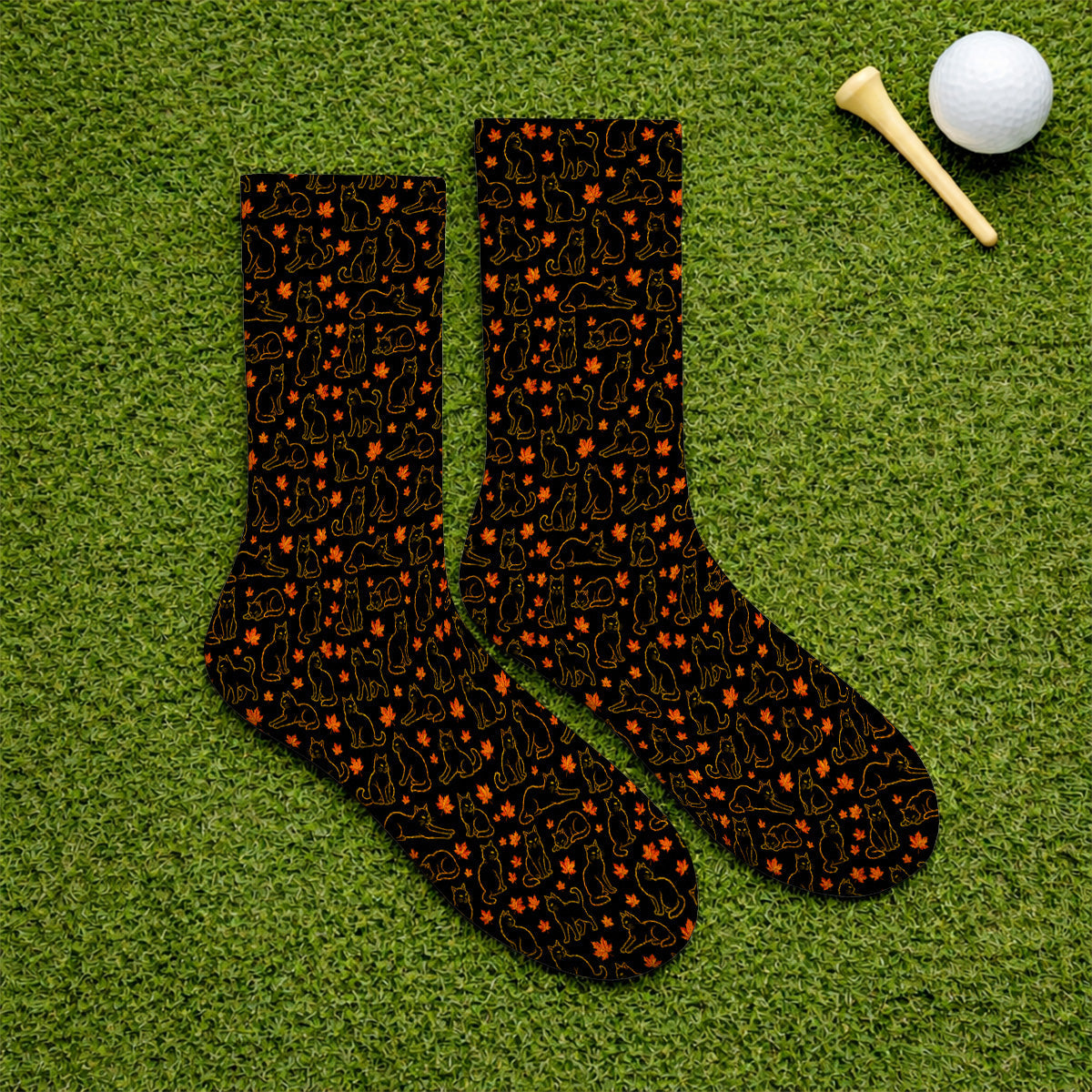 Autumn Black Longhair Cat Golf Sock, Black Longhair Cat Pattern Golf Socks, Cat Lovers Golf Gift