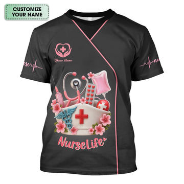 Personalized Nurse Life Shirt - Cute Pink Scrub Top Design with Medical Tools - Gift for RN LPN CNA Women