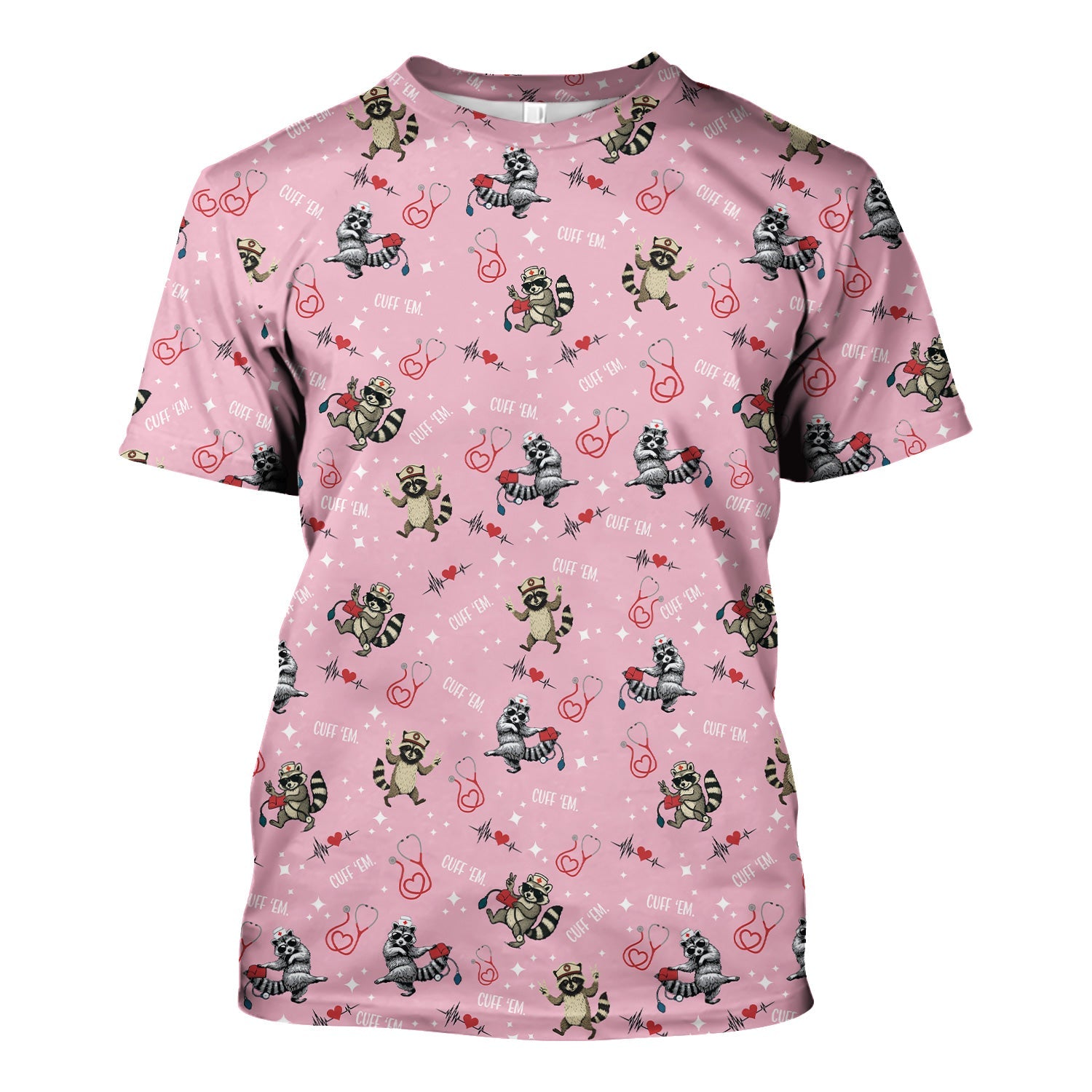 Cuff Em Raccoon Nurse Shirt - Funny Medical Scrub T-Shirt for CNA EMT LPN - Cute All Over Print Gift for Healthcare Workers