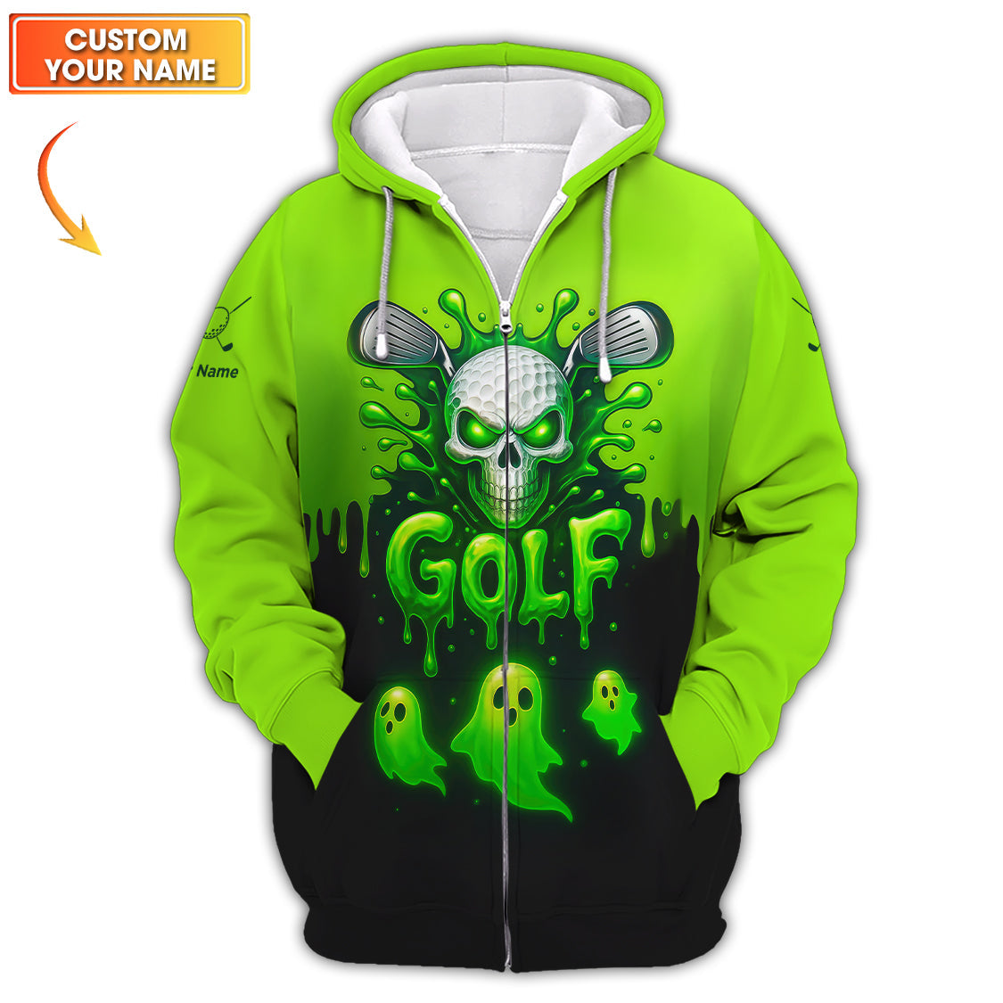 Halloween Golf Polos, Green Skull Golf Shirt For Men, Custom Name Golf Polo, Funny Golf Shirts For Golfers