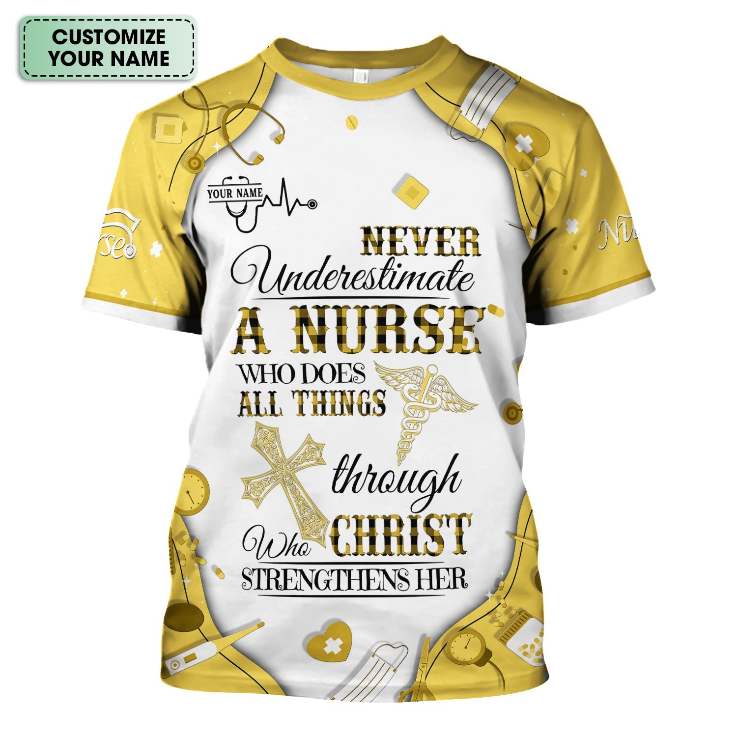 Personalized Christian Nurse Shirt - All Things Through Christ Quote - Faith-Based Medical Gift for RN, LPN, CNA Healthcare Workers