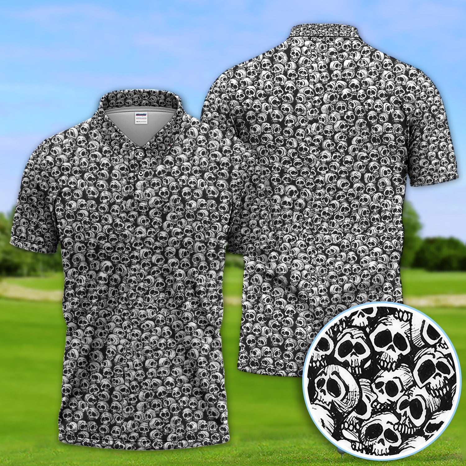 Gothic Skull Pattern Golf Shirt, Dark Skeleton Print Polo Shirt, Halloween Style Shirt