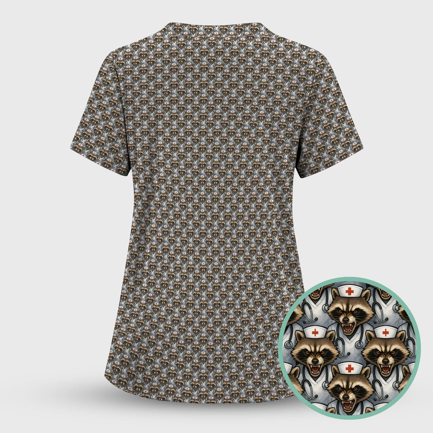 Quirky Raccoon Nurse Shirt - Repeating Angry Animal Pattern Graphic Tee - Gift for Women RN, LPN, CNA