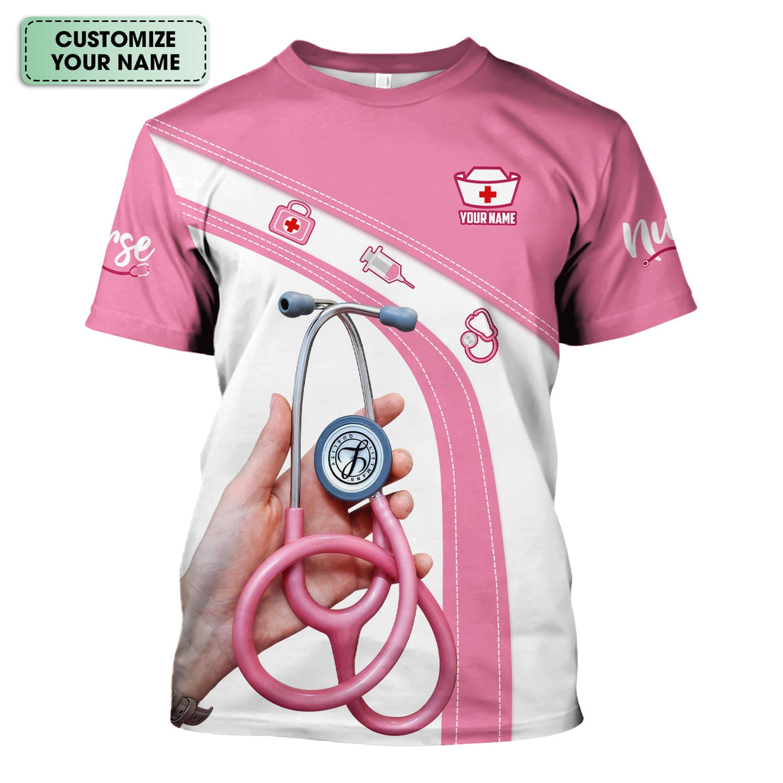 Personalized Nurse Shirt for Women - Pink Stethoscope Gift for RN CNA LPN - Custom Name Medical Uniform Tee
