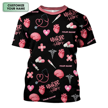 Personalized Nurse Life Shirt - Cute Medical Pattern with Heart Brain Pills Stethoscope - Custom Name Gift for RN CNA LPN Women in Healthcare and Nursing Profession