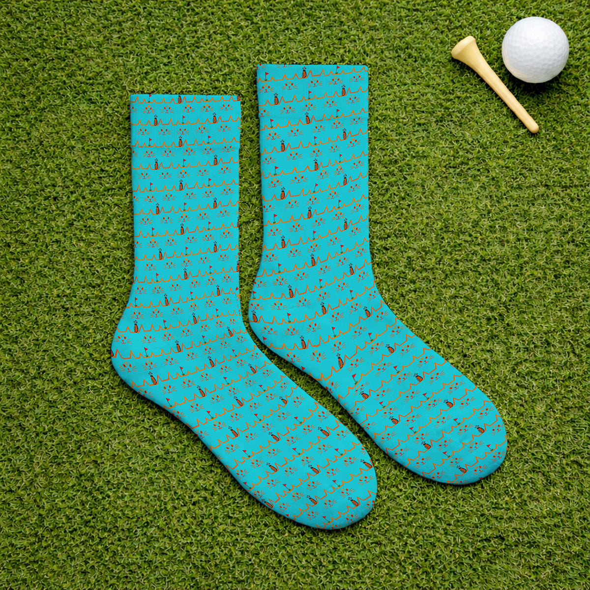 Cat Lover Golf Socks, Turquoise Cat Face & Golf Bag Pattern Golf Sock, Funny Kitty Golf Gift for Golfers