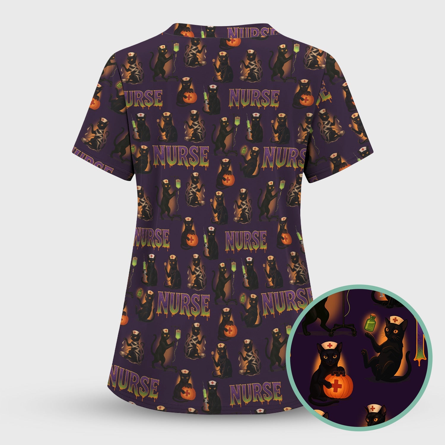 Halloween Nurse Shirt for Women - Black Cat with Pumpkin & IV Bag Design - Spooky Gift for RN LPN CNA