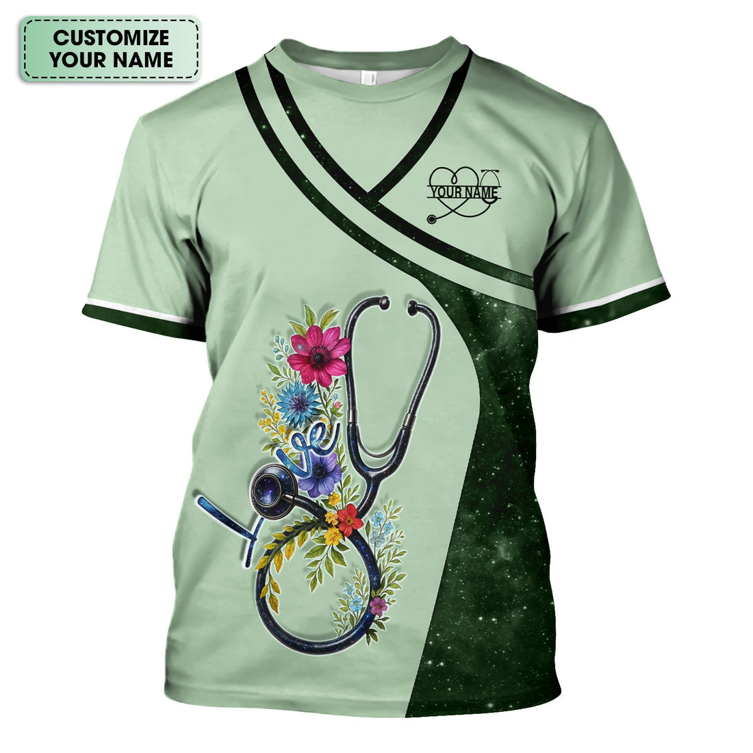 Custom Nurse Love T-Shirt - Floral Stethoscope & Galaxy Design - Personalized Gift for RN LPN CNA Healthcare Professionals