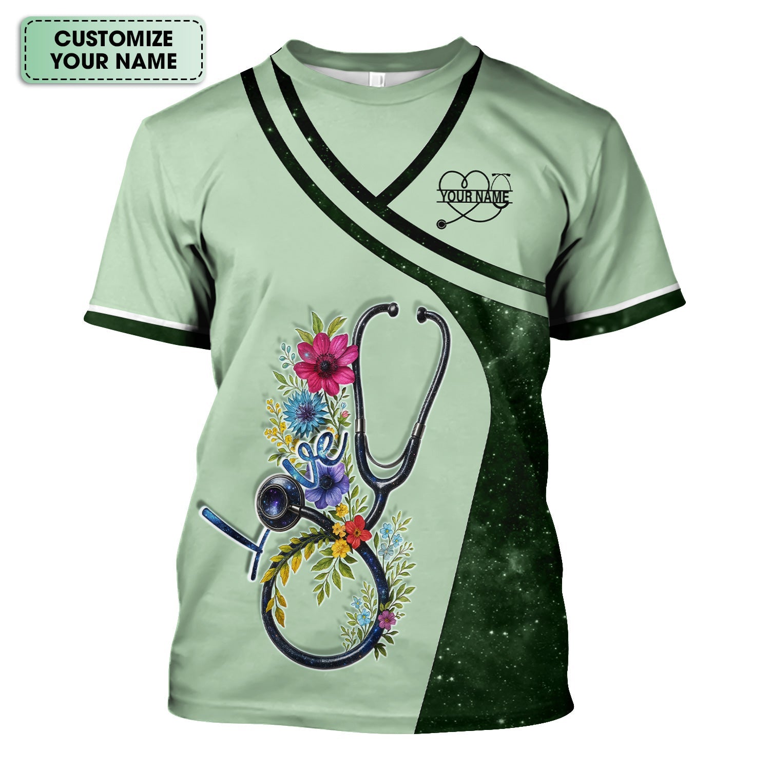 Custom Nurse Love T-Shirt - Floral Stethoscope & Galaxy Design - Personalized Gift for RN LPN CNA Healthcare Professionals