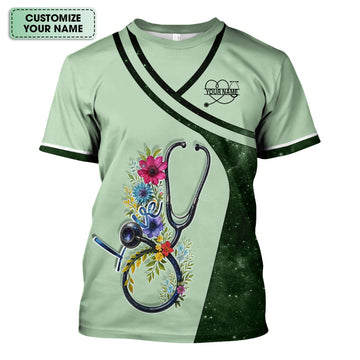 Custom Nurse Love T-Shirt - Floral Stethoscope & Galaxy Design - Personalized Gift for RN LPN CNA Healthcare Professionals