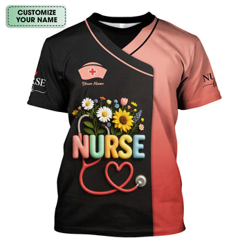 Colorful Floral Nurse Shirt - Personalized Scrub-Style Tee with Heart Stethoscope & Daisies - Gift for RN CNA LPN