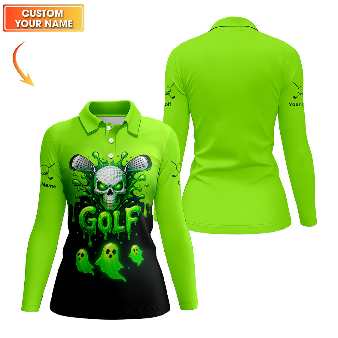 Halloween Golf Polos, Green Skull Golf Shirt For Men, Custom Name Golf Polo, Funny Golf Shirts For Golfers