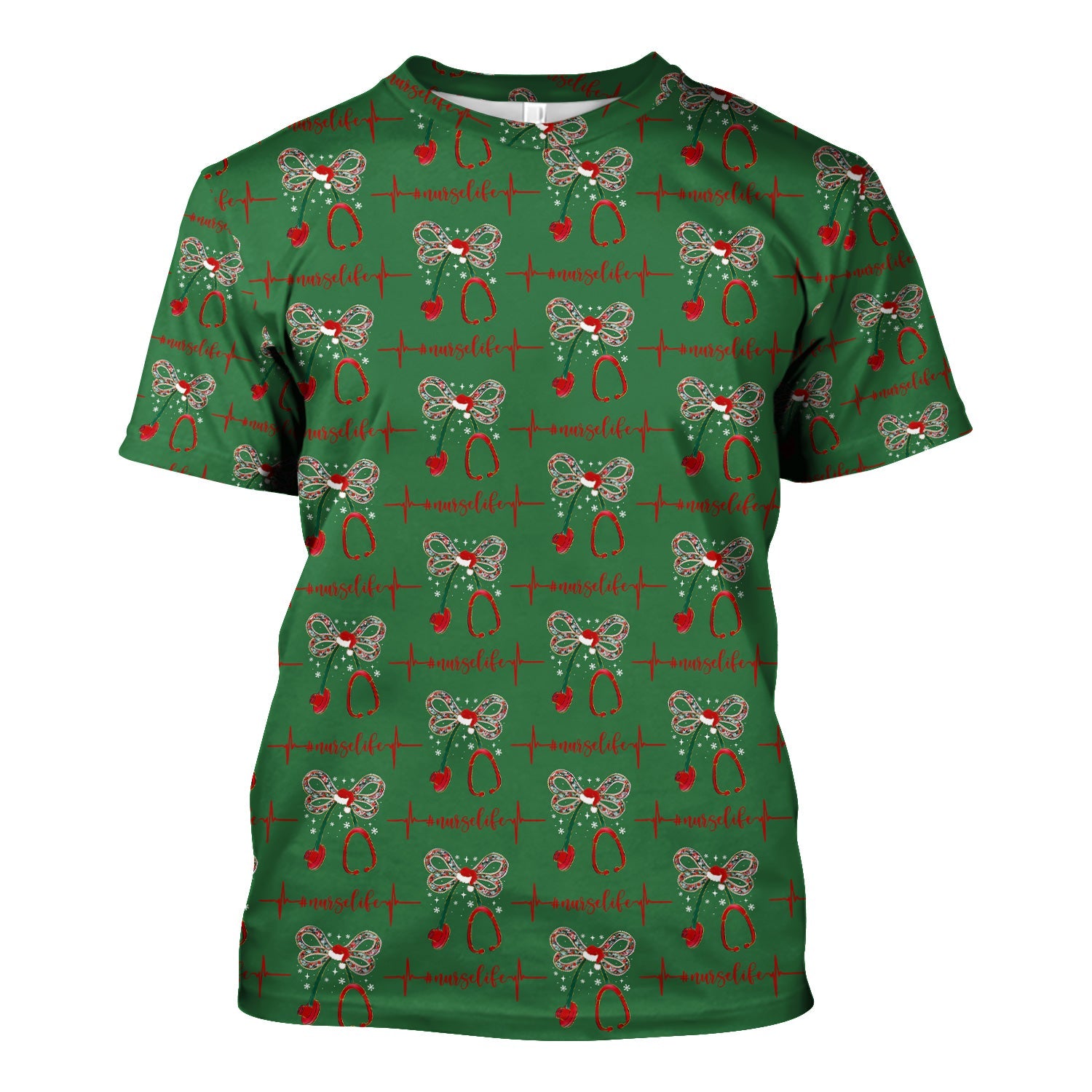 Festive Nurse Life Christmas Shirt - Christmas Stethoscope & Heartbeat Graphic Tee - Gift for RN LPN CNA Healthcare Staff