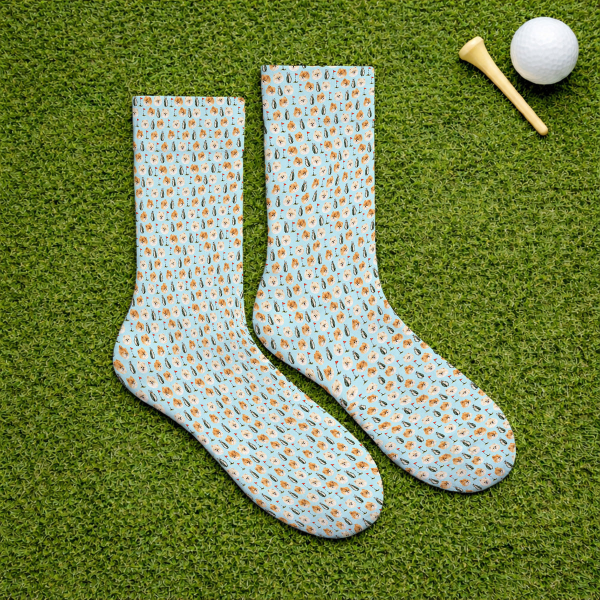 Pomeranian Golf Socks, Fluffy Pom Dog & Golf Pattern Sock, Funny Golf Gift For Golfer
