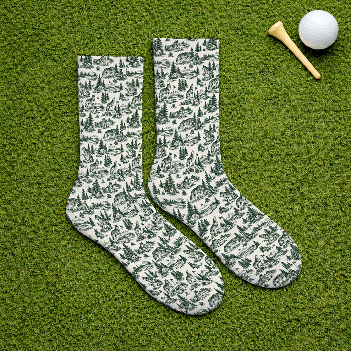 Vintage Wolf Golf Socks, Wilderness Wolf Pattern Golf Sock, Nature Inspired Golf Gift for Golfers