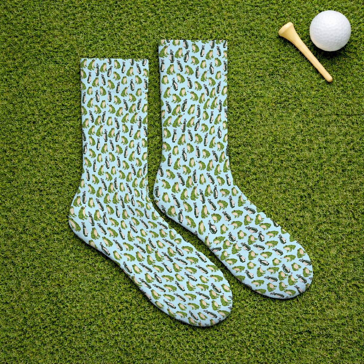 Cute Frog Golf Socks, Playful Frog & Golf Bag Pattern Sock, Funny Golf Gift For Frog Lovers