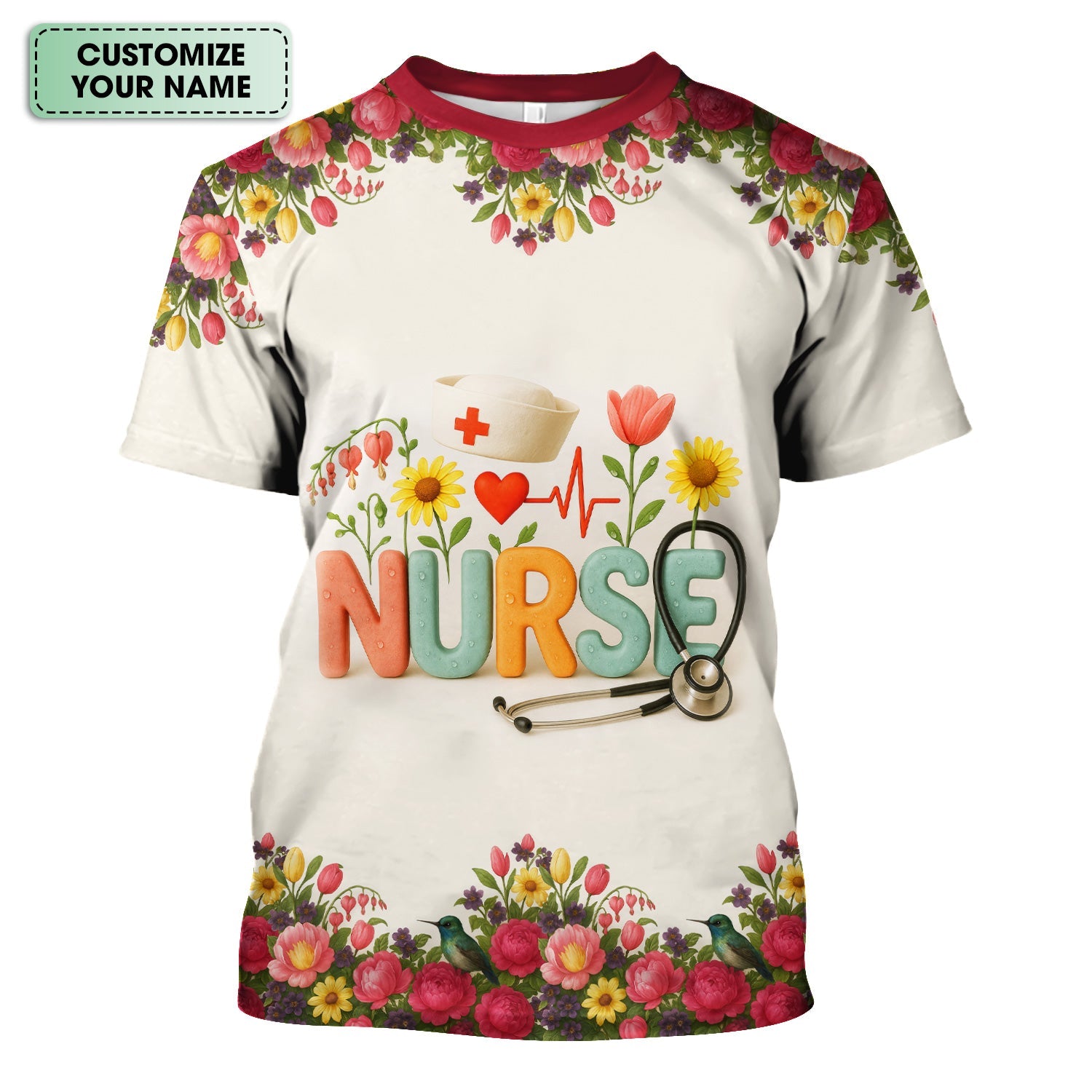 Personalized Floral Nurse Shirt with Name - Cute Colorful Flowers and Stethoscope Design - Thoughtful Gift for Women RN CNA LPN in Healthcare and Nursing Profession