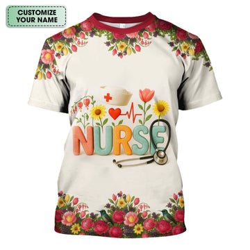 Personalized Floral Nurse Shirt with Name - Cute Colorful Flowers and Stethoscope Design - Thoughtful Gift for Women RN CNA LPN in Healthcare and Nursing Profession
