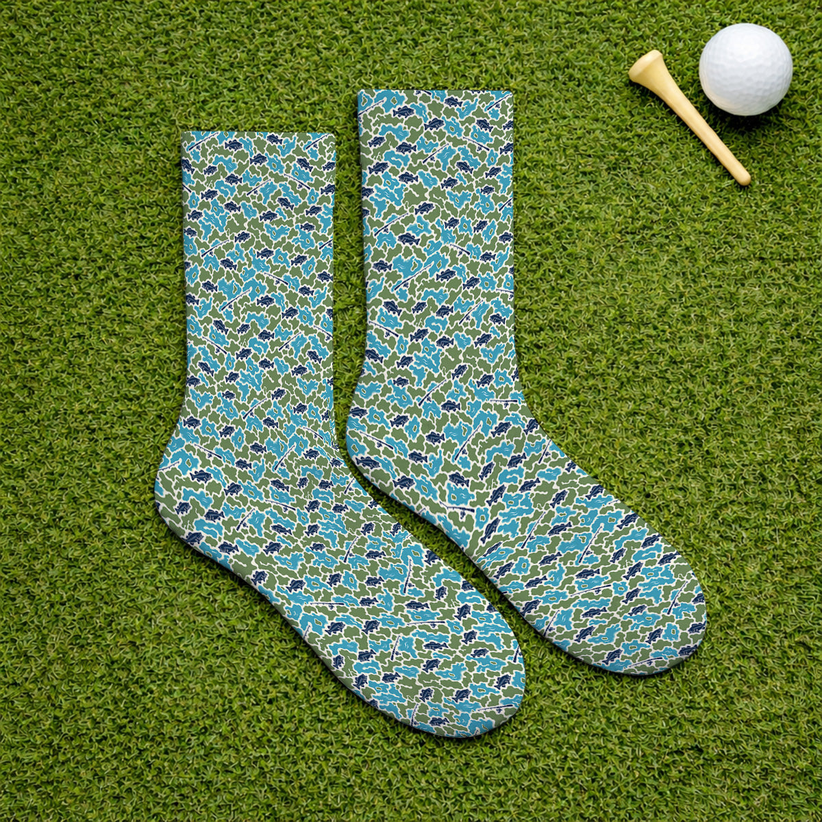 Bass Fishing Camo Golf Sock, Camouflage Pattern Golf Socks, Crazy Golf Gift For Golfer