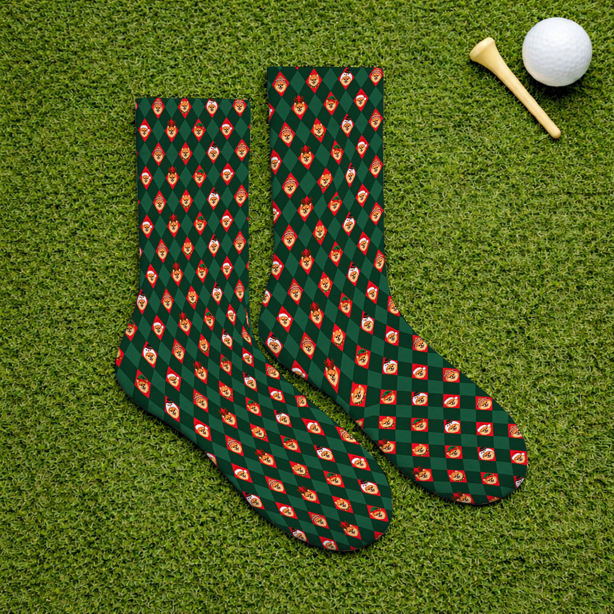 Christmas Pomeranian Golf Socks, Green Argyle & Santa Dog Pattern Golf Sock, Xmas Golf Gift For Golfer