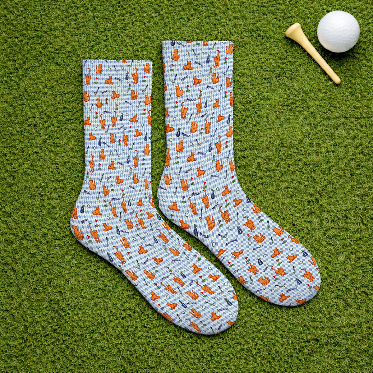 Cute Orange Cat Golf Socks, Meow Cat And Golf Pattern Sock, Funny Cat Golf Gift For Golfer